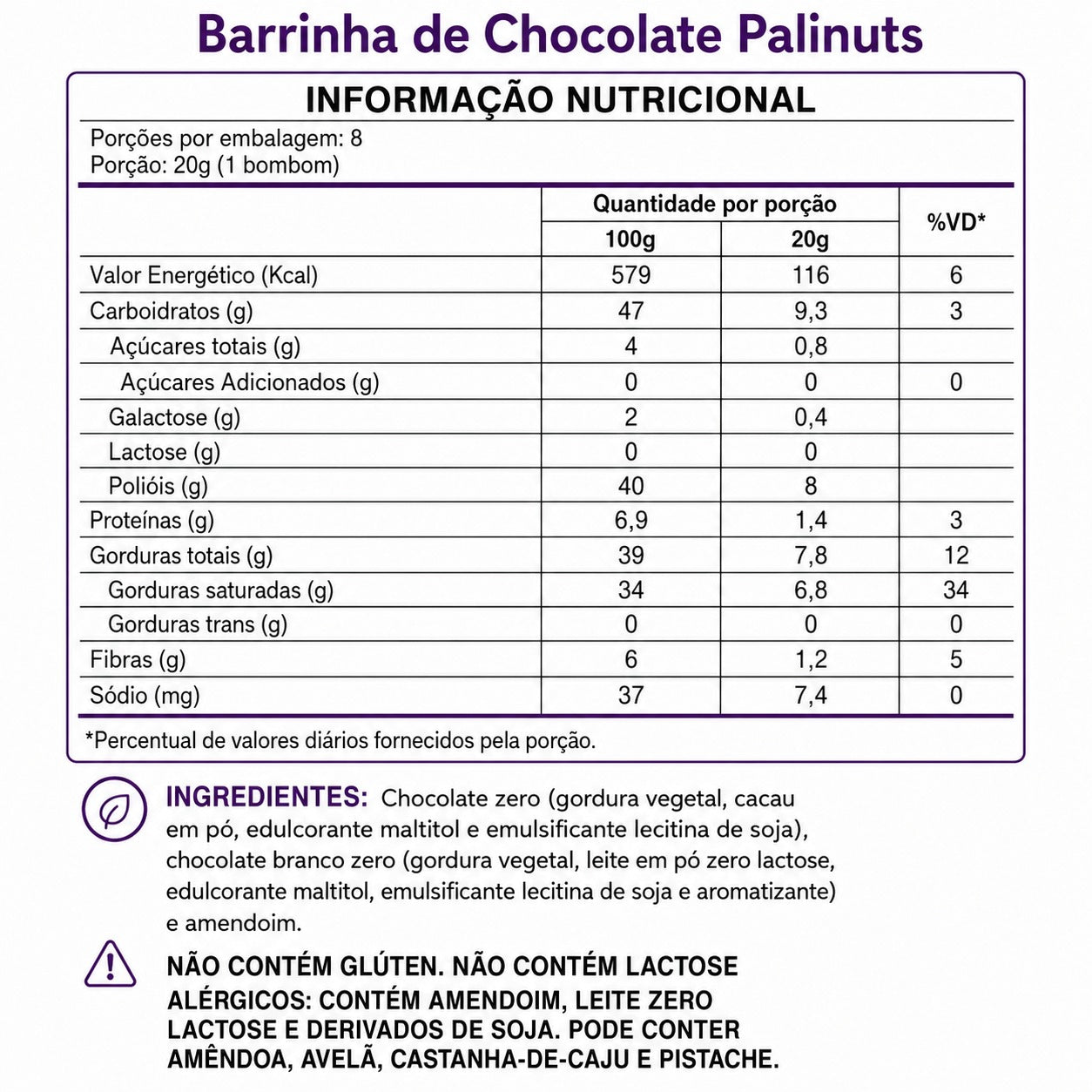 Barrinha do Bem Chocolate Palinuts (160g, 8un)