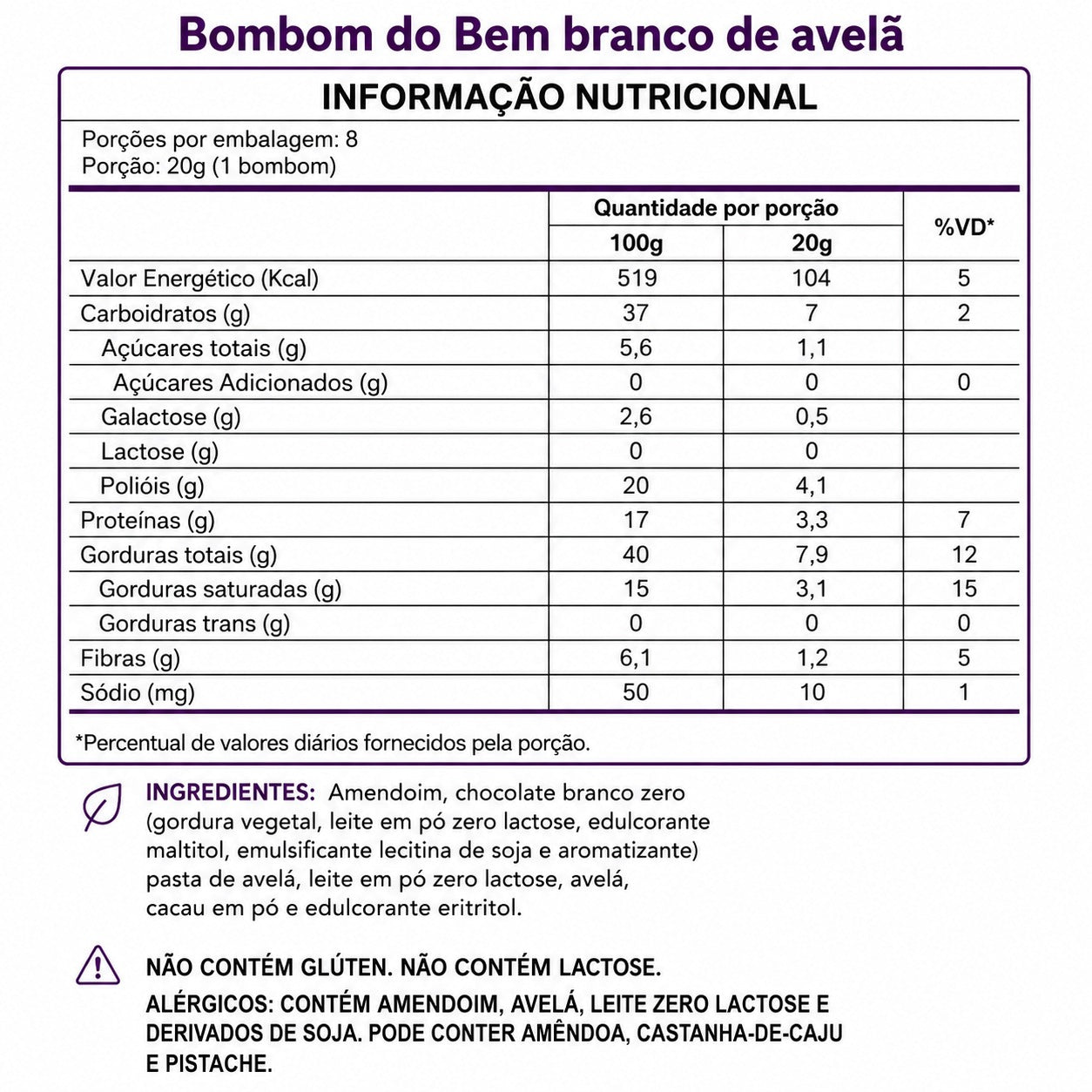 Bombom do Bem Chocolate Branco com Avelã (160g, 8un)