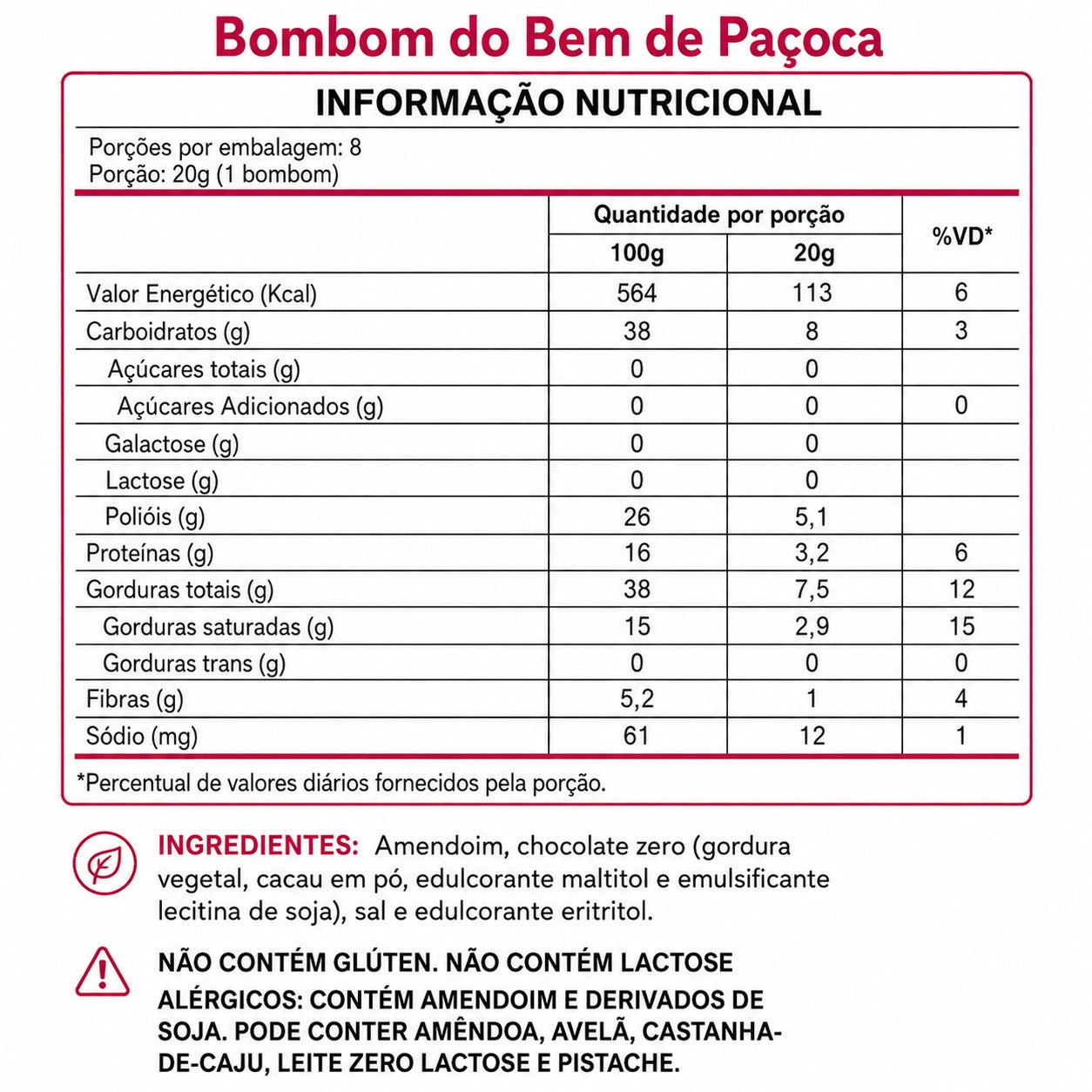 Bombom do Bem Chocolate com Paçoca (160g, 8un)